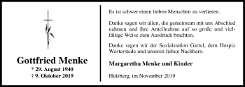 Traueranzeige von Gottfried Menke von Nordwest-Zeitung