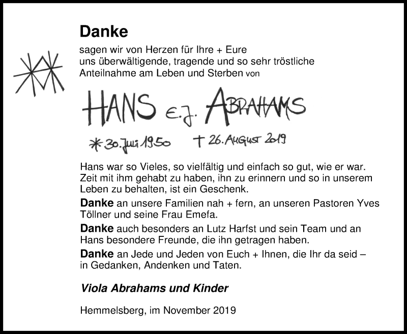  Traueranzeige für Hans Abrahams vom 22.11.2019 aus Nordwest-Zeitung