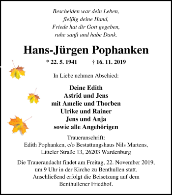 Traueranzeige von Hans-Jürgen Pophanken von Nordwest-Zeitung