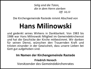 Traueranzeige von Hans Milinowski von Nordwest-Zeitung