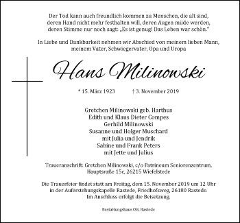 Traueranzeige von Hans Milinowski von Nordwest-Zeitung