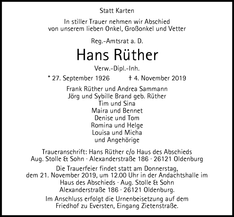  Traueranzeige für Hans Rüther vom 16.11.2019 aus Nordwest-Zeitung
