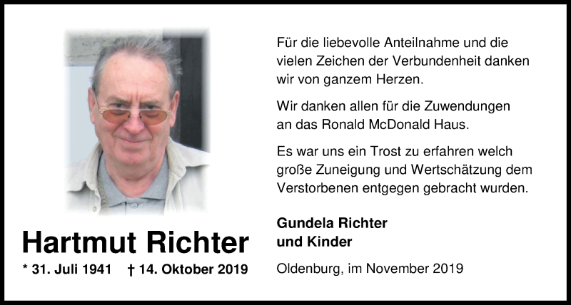  Traueranzeige für Hartmut Richter vom 23.11.2019 aus Nordwest-Zeitung