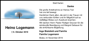 Traueranzeige von Heino Logemann von Nordwest-Zeitung