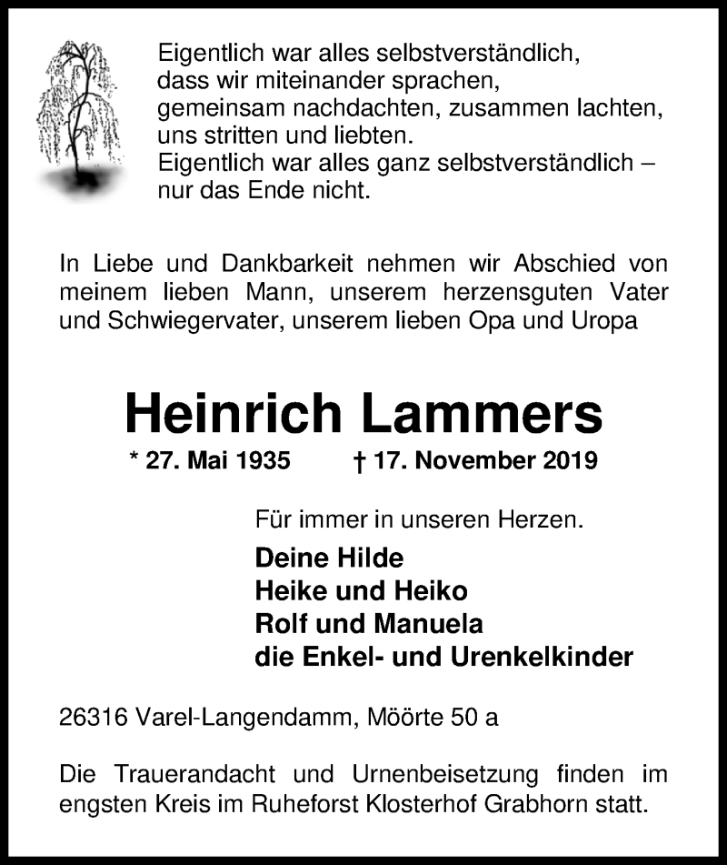  Traueranzeige für Heinrich Lammers vom 20.11.2019 aus Nordwest-Zeitung