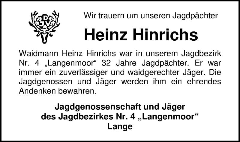  Traueranzeige für Heinz Hinrichs vom 09.11.2019 aus Nordwest-Zeitung