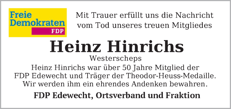  Traueranzeige für Heinz Hinrichs vom 12.11.2019 aus Nordwest-Zeitung
