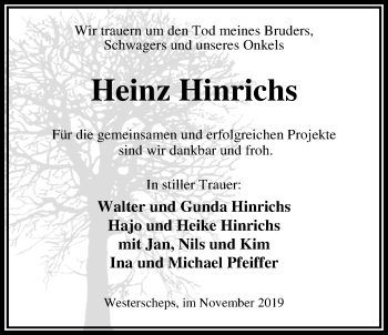 Traueranzeige von Heinz Hinrichs von Nordwest-Zeitung