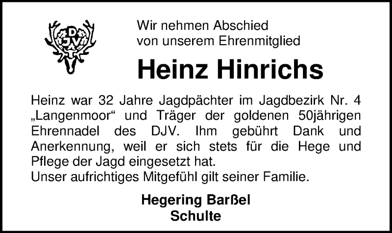  Traueranzeige für Heinz Hinrichs vom 09.11.2019 aus Nordwest-Zeitung