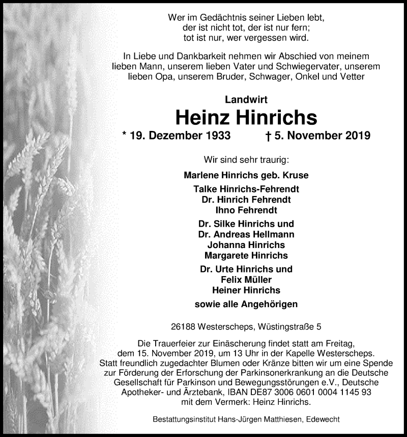  Traueranzeige für Heinz Hinrichs vom 09.11.2019 aus Nordwest-Zeitung