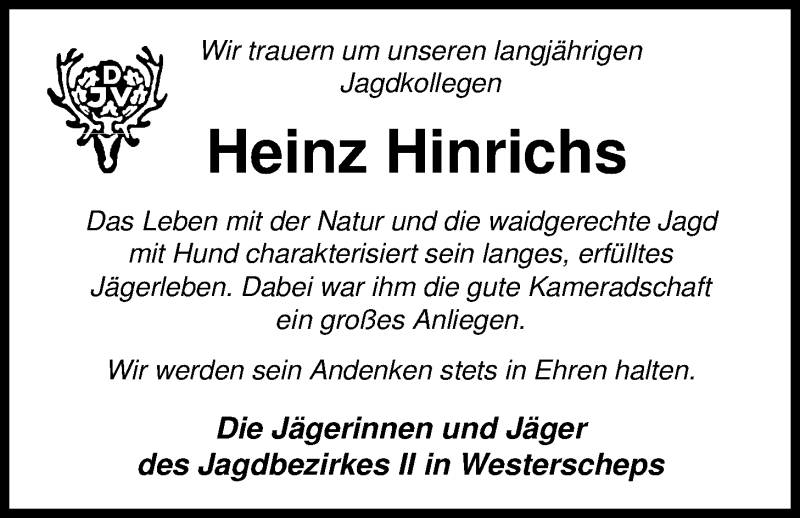  Traueranzeige für Heinz Hinrichs vom 09.11.2019 aus Nordwest-Zeitung