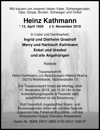 Traueranzeige von Heinz Kathmann von Nordwest-Zeitung