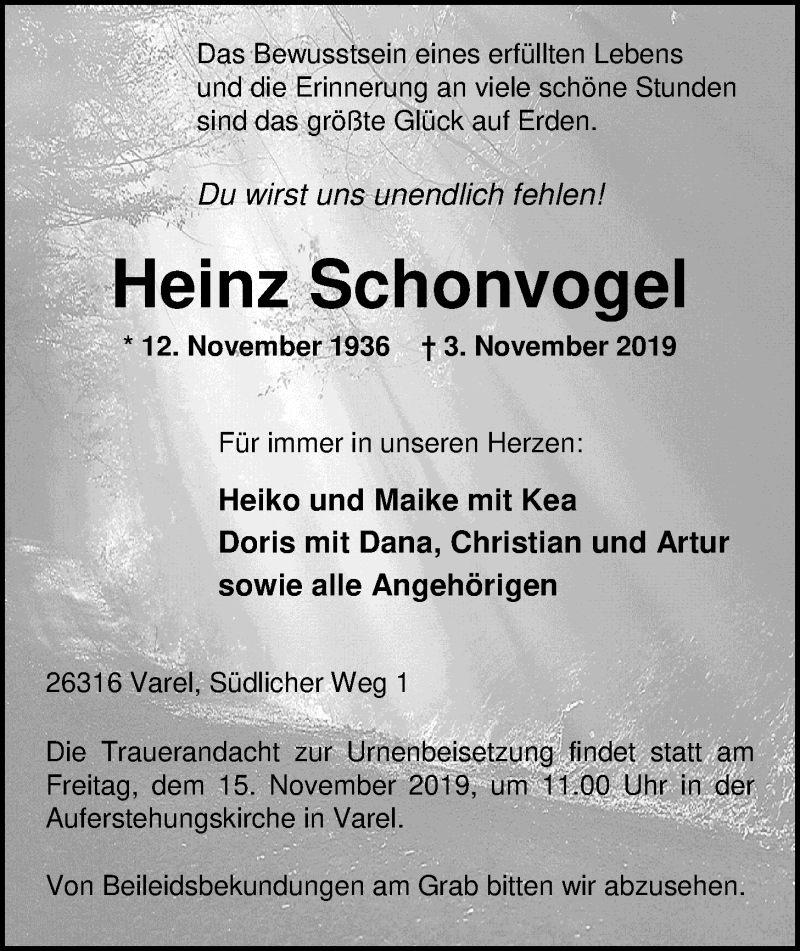  Traueranzeige für Heinz Schonvogel vom 08.11.2019 aus Nordwest-Zeitung