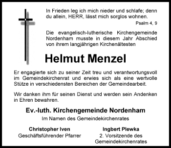 Traueranzeige von Helmut Menzel von Nordwest-Zeitung