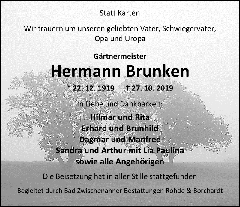  Traueranzeige für Hermann Brunken vom 07.11.2019 aus Nordwest-Zeitung