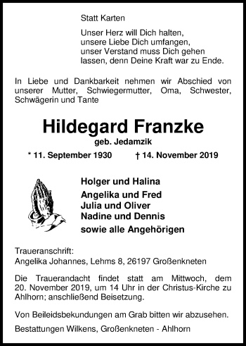 Traueranzeige von Hildegard Franzke von Nordwest-Zeitung