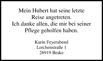 Traueranzeige von Hubert Feyerabend von Nordwest-Zeitung