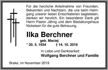 Traueranzeige von Ilka Berchner von Nordwest-Zeitung