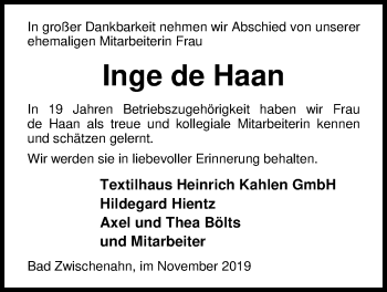 Traueranzeige von Inge de Haan von Nordwest-Zeitung