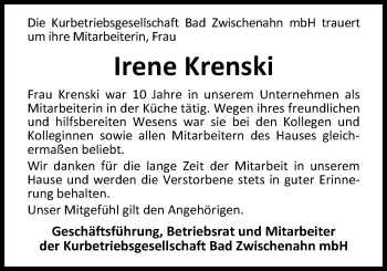 Traueranzeige von Irene Krenski von Nordwest-Zeitung