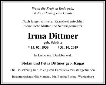 Traueranzeige von Irma Dittmer von Nordwest-Zeitung