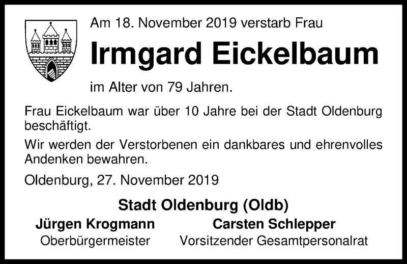  Traueranzeige für Irmgard Eickelbaum vom 27.11.2019 aus Nordwest-Zeitung