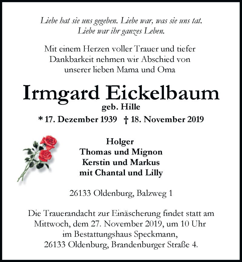  Traueranzeige für Irmgard Eickelbaum vom 23.11.2019 aus Nordwest-Zeitung