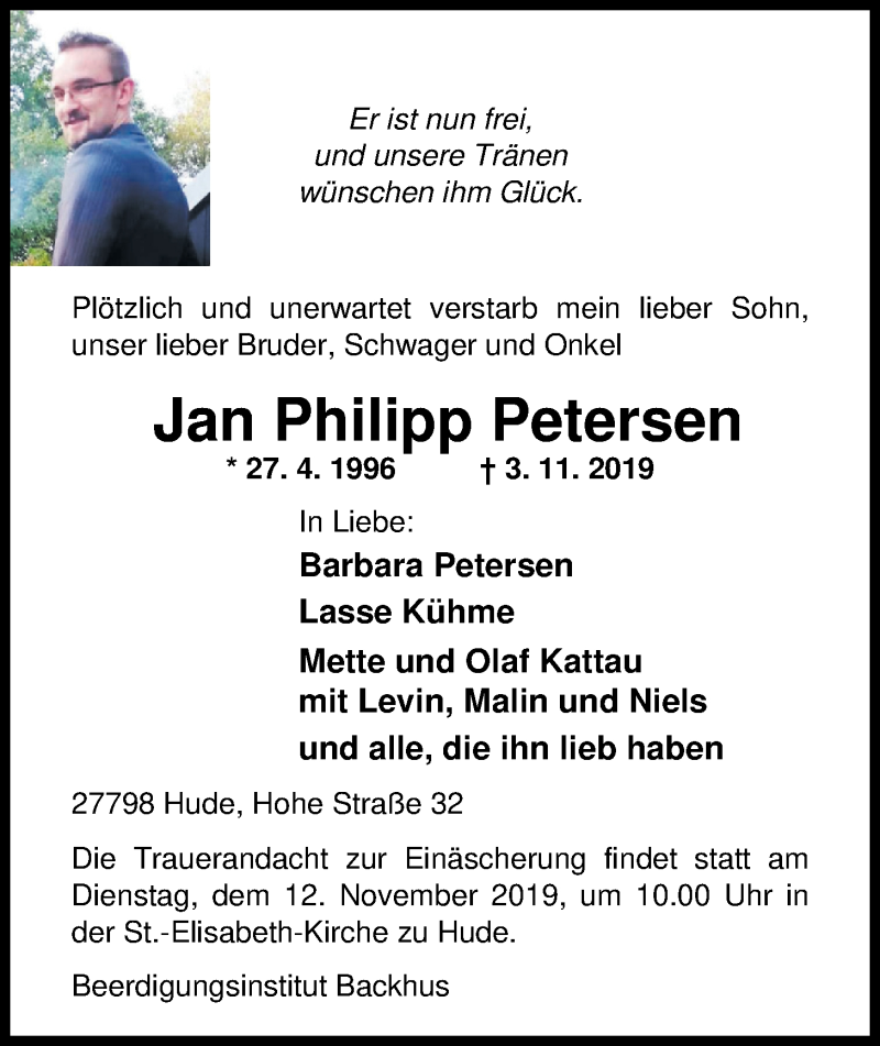  Traueranzeige für Jan Philipp Petersen vom 06.11.2019 aus Nordwest-Zeitung
