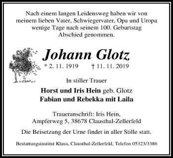 Traueranzeige von Johann Glotz von Nordwest-Zeitung