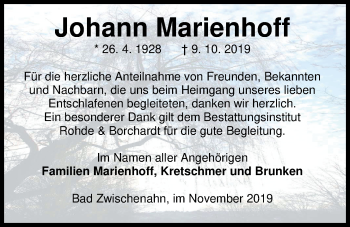 Traueranzeige von Johann Marienhoff von Nordwest-Zeitung