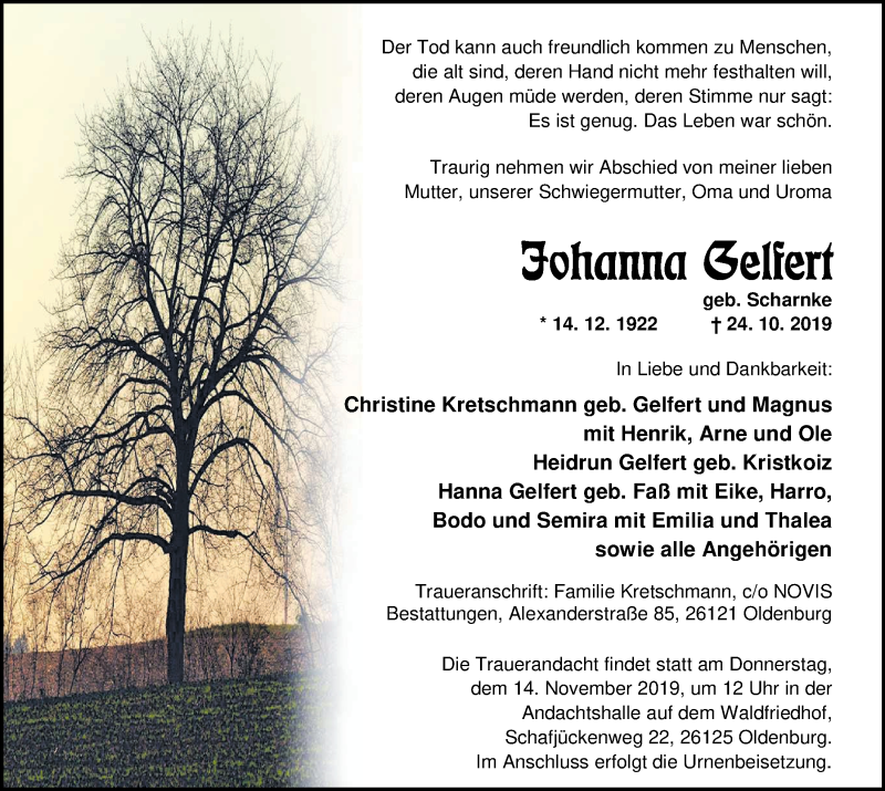  Traueranzeige für Johanna Gelfert vom 09.11.2019 aus Nordwest-Zeitung
