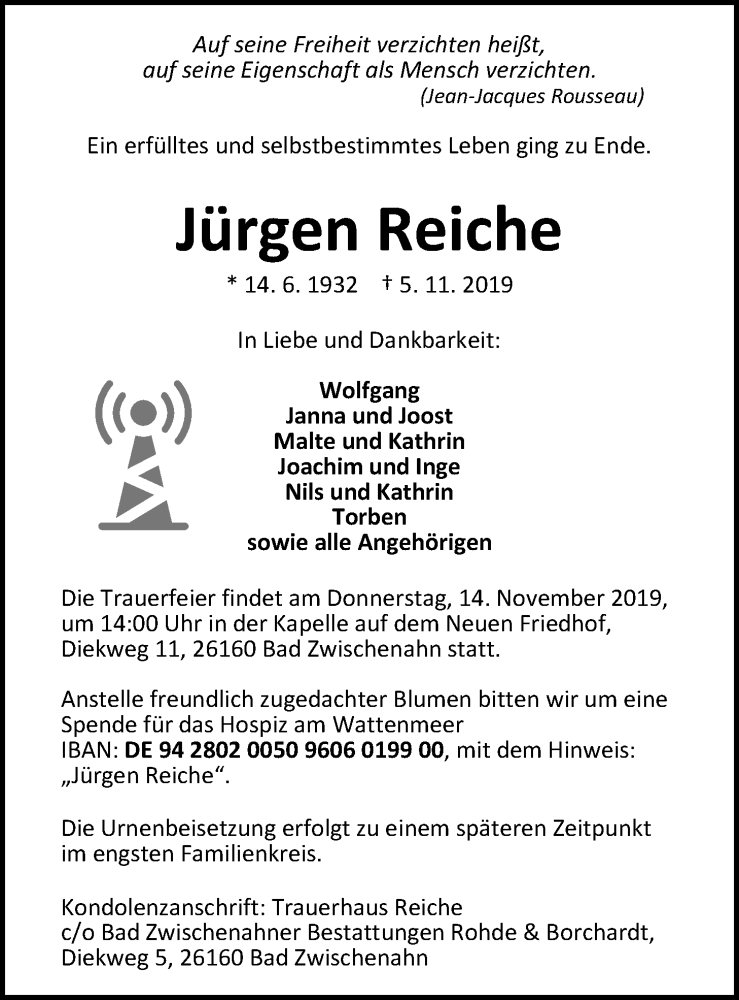  Traueranzeige für Jürgen Reiche vom 11.11.2019 aus Nordwest-Zeitung