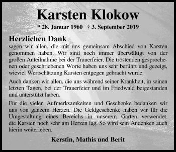 Traueranzeige von Karsten Klokow von Nordwest-Zeitung