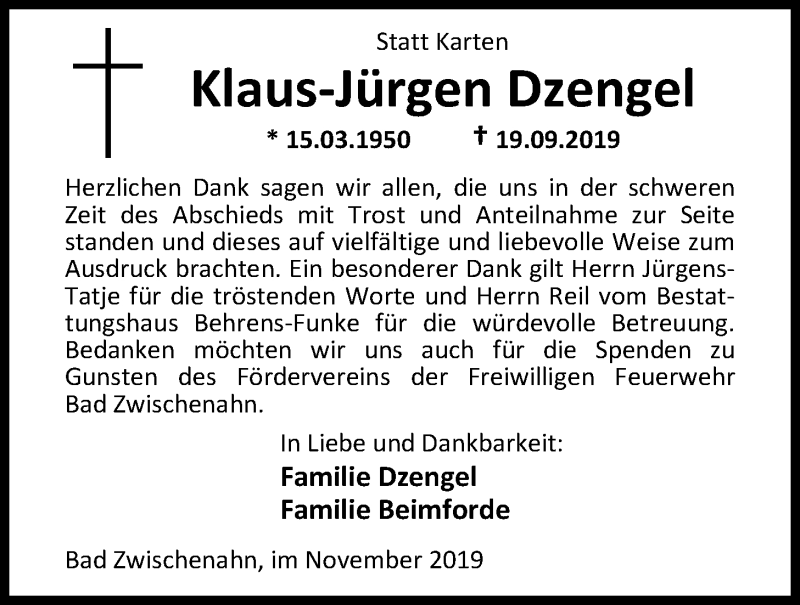  Traueranzeige für Klaus-Jürgen Dzengel vom 23.11.2019 aus Nordwest-Zeitung