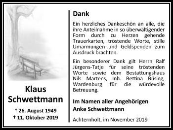 Traueranzeige von Klaus Schwettmann von Nordwest-Zeitung