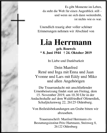 Traueranzeige von Lia Herrmann von Nordwest-Zeitung