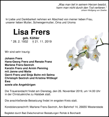 Traueranzeige von Lisa Frers von Nordwest-Zeitung