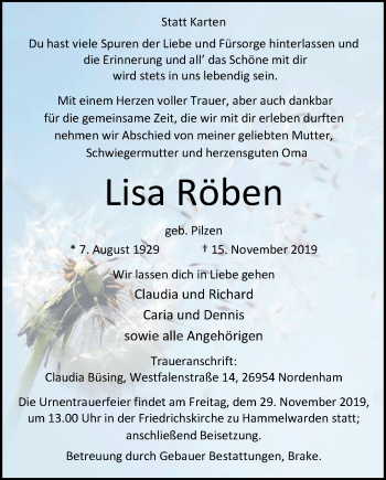 Traueranzeige von Lisa Röben von Nordwest-Zeitung