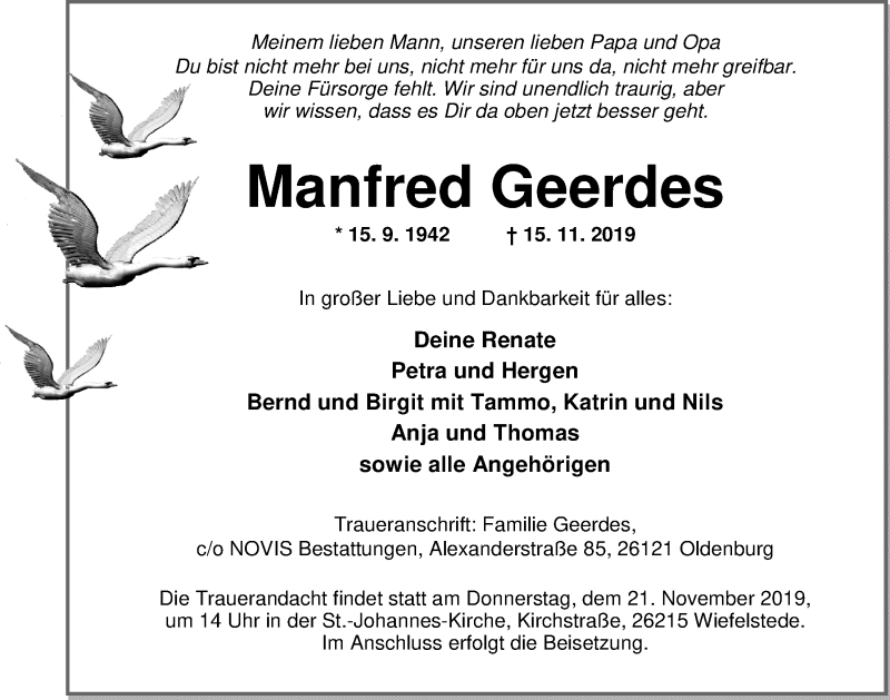  Traueranzeige für Manfred Geerdes vom 18.11.2019 aus Nordwest-Zeitung