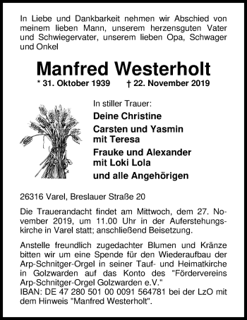 Traueranzeige von Manfred Westerholt von Nordwest-Zeitung