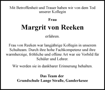 Traueranzeige von Margrit von Reeken von Nordwest-Zeitung