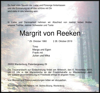 Traueranzeige von Margrit von Reeken von Nordwest-Zeitung