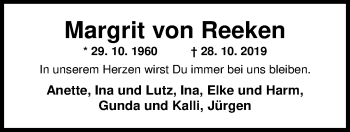 Traueranzeige von Margrit von Reeken von Nordwest-Zeitung
