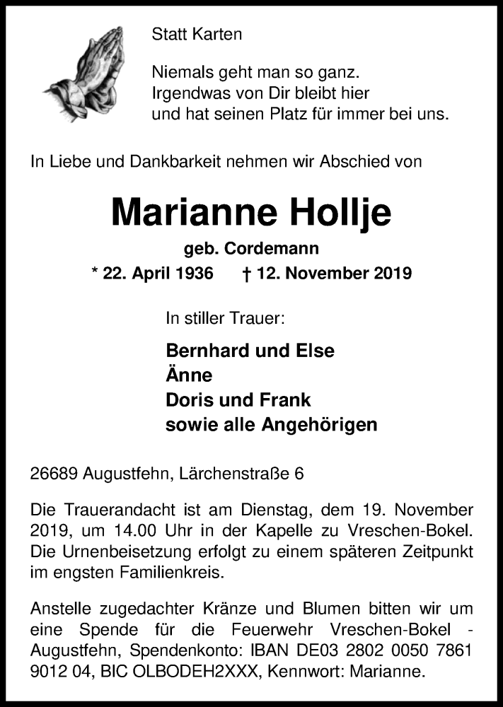  Traueranzeige für Marianne Hollje vom 15.11.2019 aus Nordwest-Zeitung