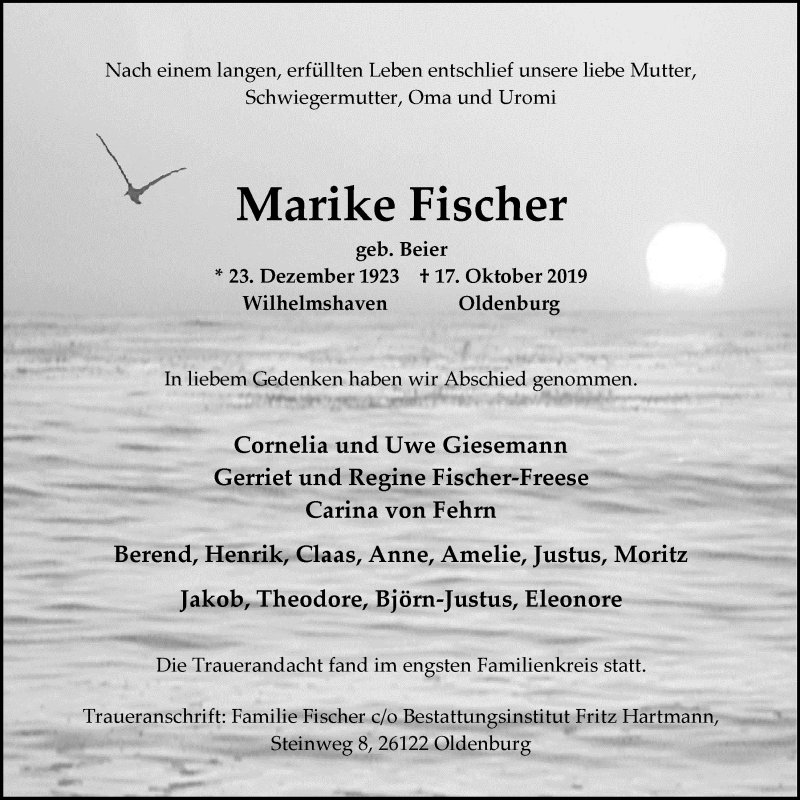  Traueranzeige für Marike Fischer vom 02.11.2019 aus Nordwest-Zeitung