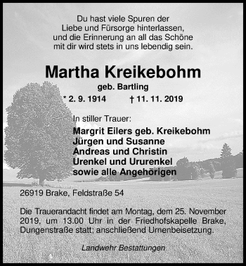 Traueranzeige von Martha Kreikebohm von Nordwest-Zeitung