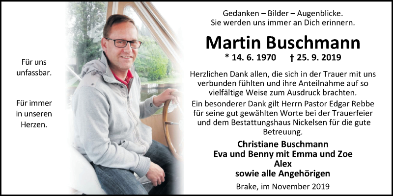  Traueranzeige für Martin Buschmann vom 02.11.2019 aus Nordwest-Zeitung