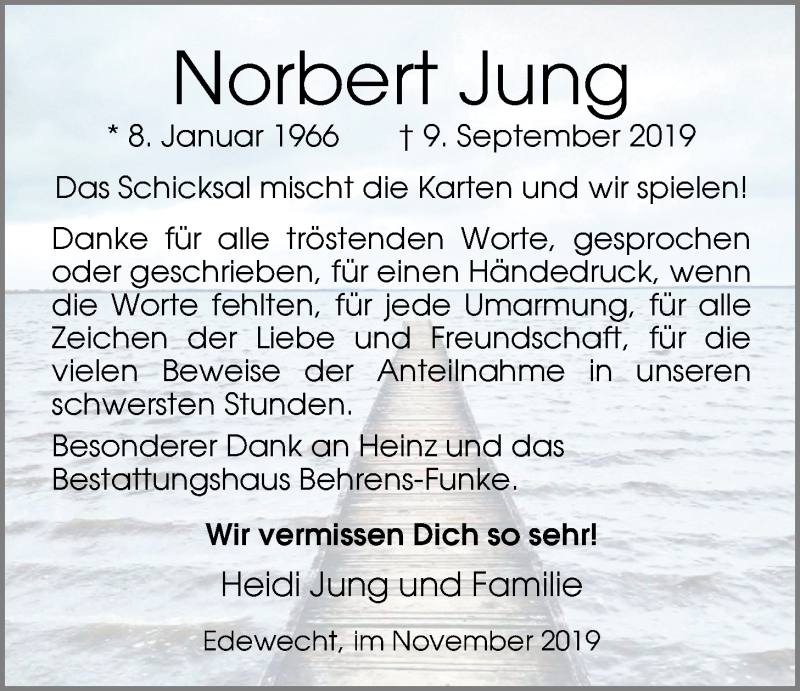  Traueranzeige für Norbert Jung vom 08.11.2019 aus Nordwest-Zeitung
