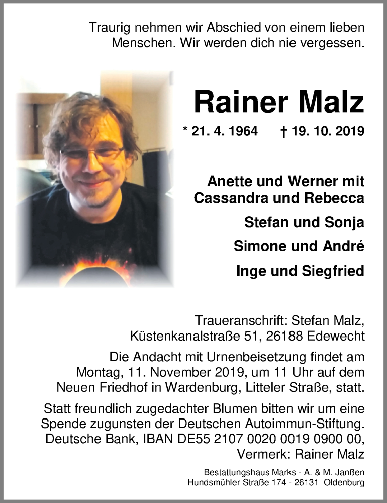  Traueranzeige für Rainer Malz vom 02.11.2019 aus Nordwest-Zeitung