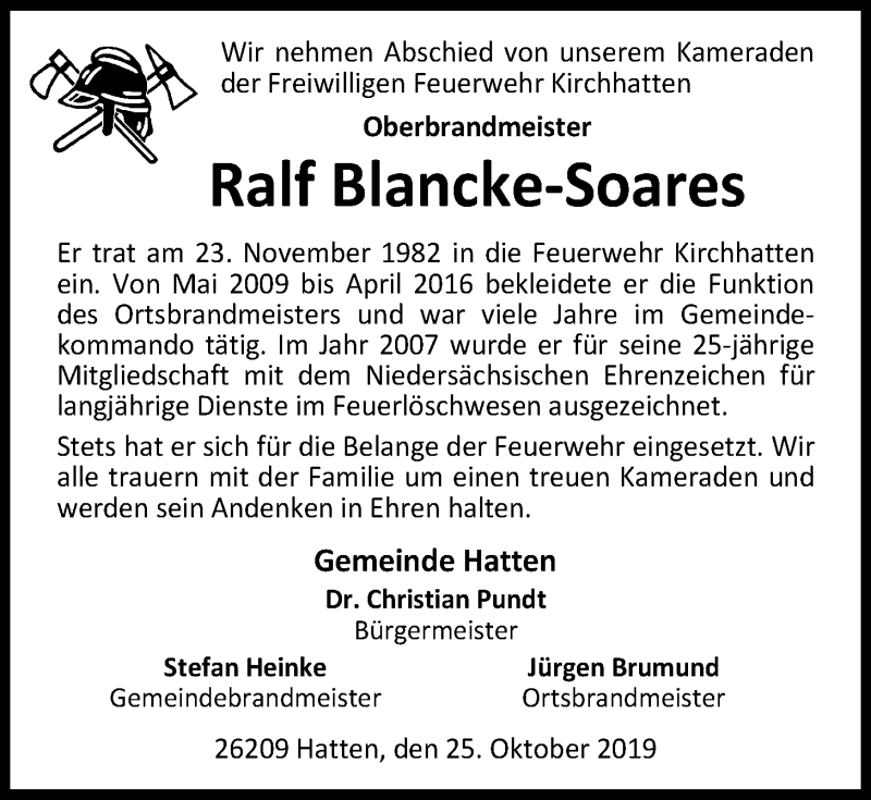 Traueranzeige für Ralf Blancke-Soares vom 07.11.2019 aus Nordwest-Zeitung